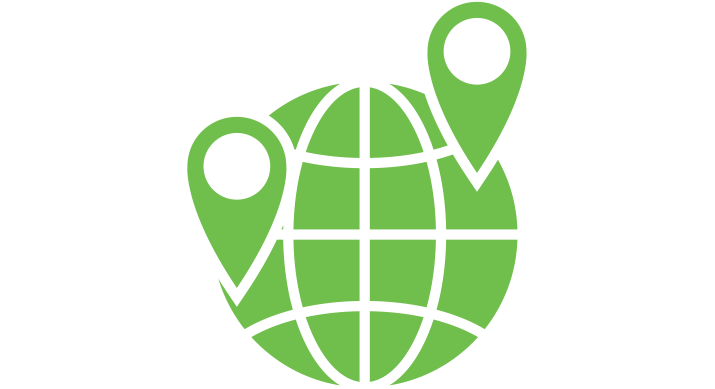 a green icon of a globe with two GPS markers on it