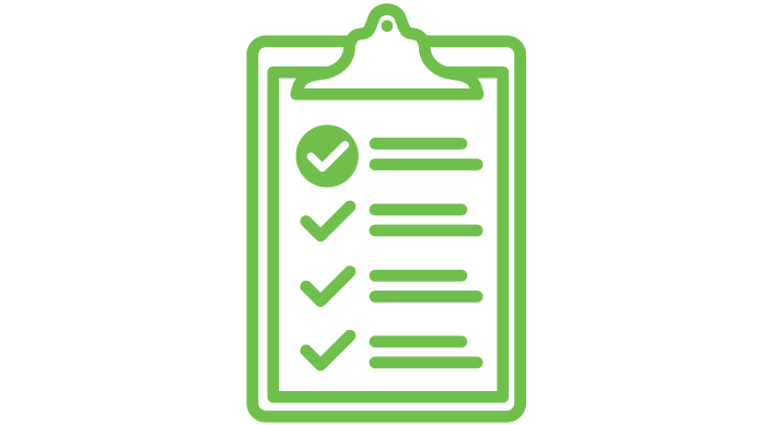 a green icon of a clipboard with checkmarks on it