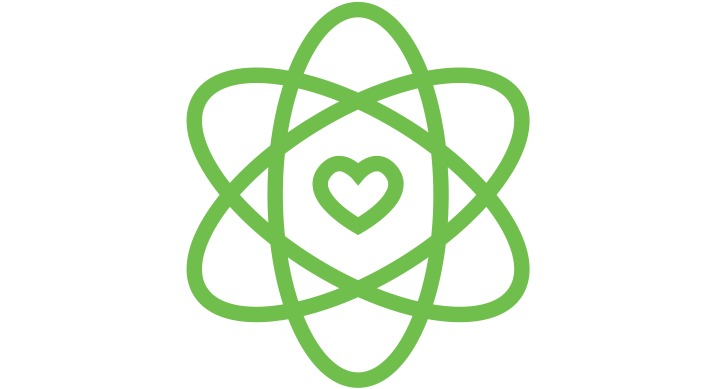 a green icon of an atom symbol with a heart in the middle