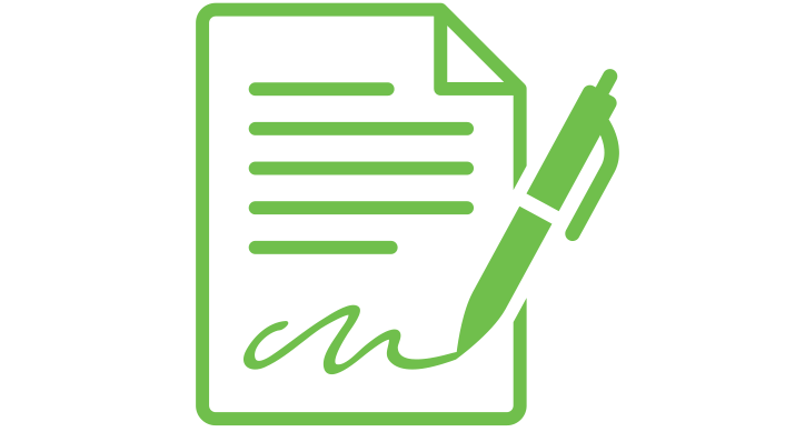 a green icon of a document being signed by a pen