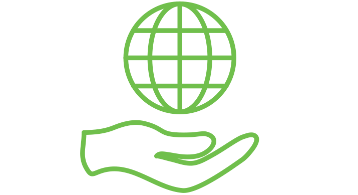 a green icon of a hand with globe floating above it