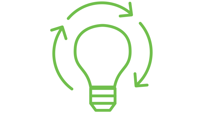 a green icon of a lightbulb with circular arrows around it
