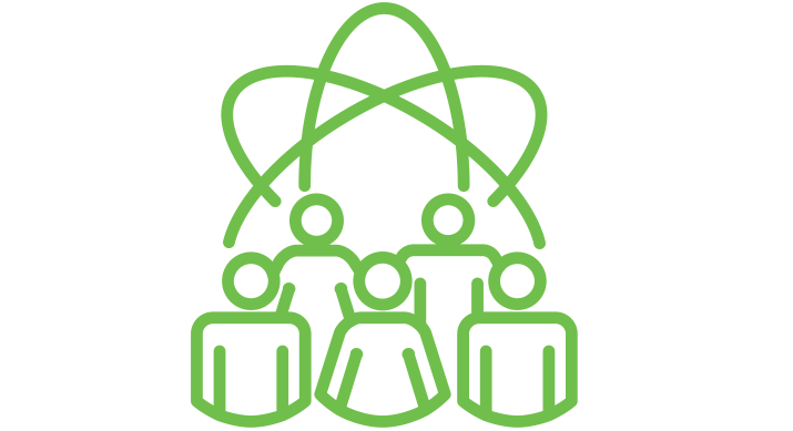 a green icon of an atom symbol with 3 people standing in front of it