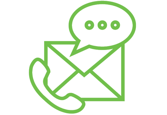 a green icon with a phone receiver, chat bubble, and an envelop