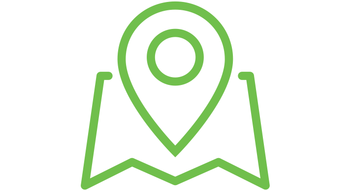 a green icon of an unfolded map with a large GPS marker in the center of it