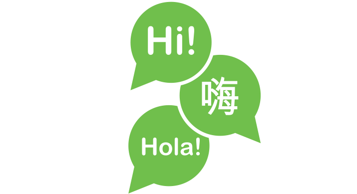 a green icon of 3 speech bubbles with 3 different languages