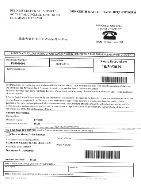 an example of one of the Florida misleading mailers targeting businesses.