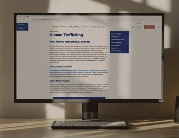 Image of computer screen showing human trafficking website in effort to raise awareness
